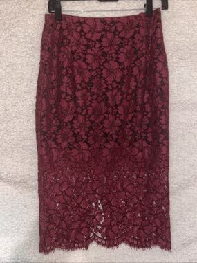 Sandro Julee Lace Midi Pencil Skirt SZ 2 Burgundy Black Dark Romantic Goth